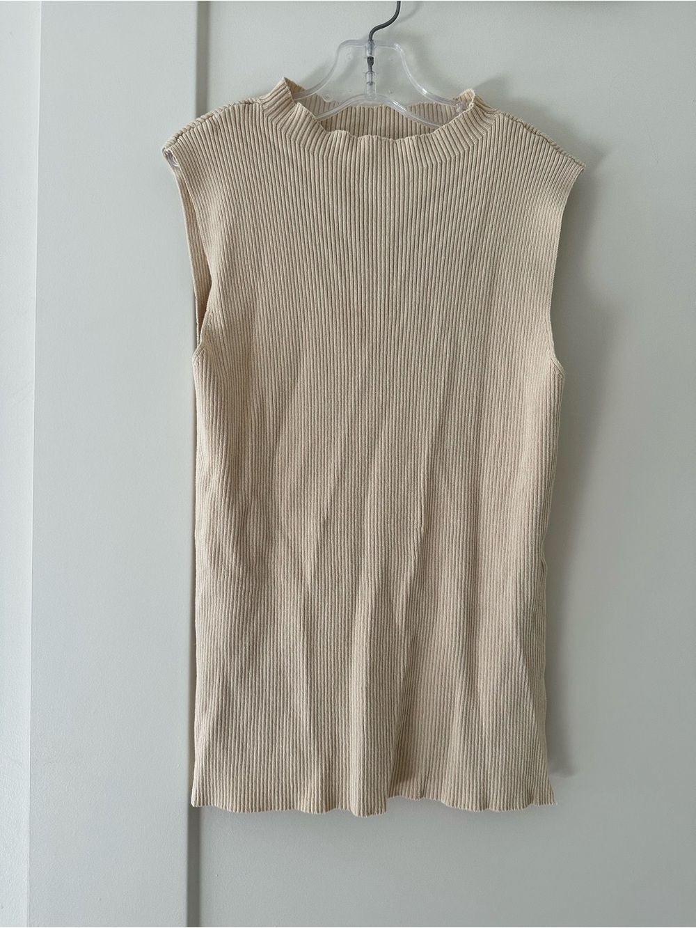 Vintage Sleeveless Ribbed Knit Mock Neck Top in Beige